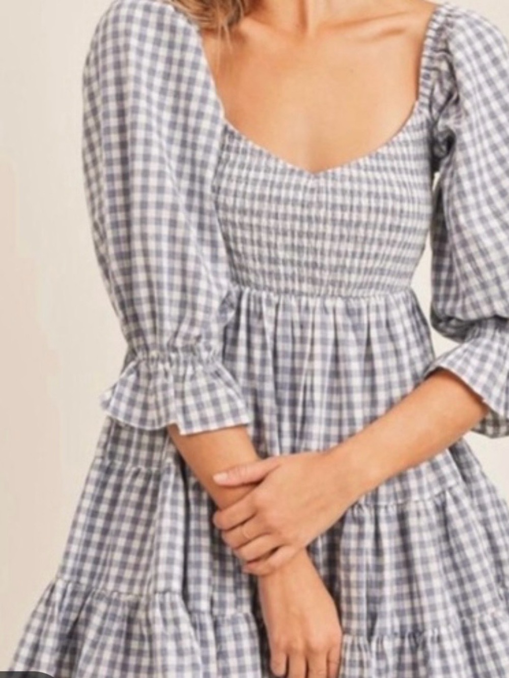 Mable Blue Gingham Smocked Tiered Babydoll Mini Dress Size M